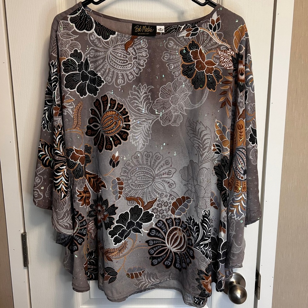 Bob Mackie Gray Floral Embellished Blouse with Black and Brown Accents